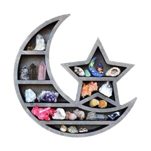 wooden crystal display shelf, star on the moon shape crystal holder for crystals stones, essential oils small plant and art, hanging floating shelves gothic witchy decor wall décor for home, office