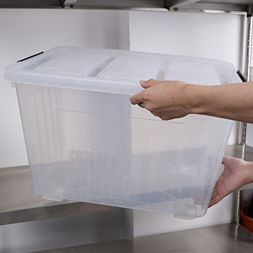 Rinboat 70 Quart Large Storage Bins with Lids, Stackable Clear Plastic Latching Boxes with Wheels, 4-Pack