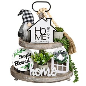 11 pcs farmhouse tiered tray decor set with artificial succulents plants, home sweet home wooden sign, wooden bead garland black white buffalo plaid gnome (tiered tray not included)
