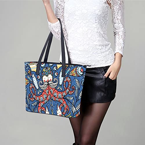 Womens Handbag Fishes Boats Pattern Leather Tote Bag Top Handle Satchel Bags For Lady