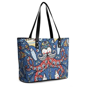 Womens Handbag Fishes Boats Pattern Leather Tote Bag Top Handle Satchel Bags For Lady