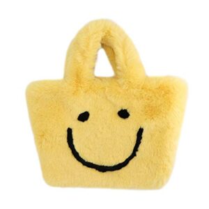 surell – faux rex rabbit smile bag – small fuzzy tote bag – cute y2k style – luxurious fluffy fashion purse – yellow pocketbook – furry stylish handbag – (yellow)