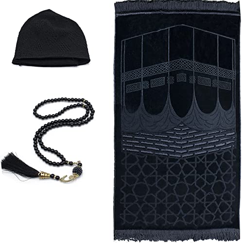 Modefa Islamic Prayer Rug - Soft Beautiful Turkish Prayer Mat for Men & Women - Solid Janamaz Sajada Carpet - Ramadan or Eid Gift - with Prayer Beads Tesbih and Kufi Cap- Luxury Velvet (KB Black)