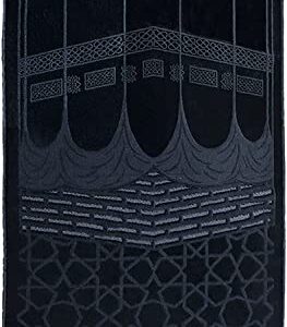 Modefa Islamic Prayer Rug - Soft Beautiful Turkish Prayer Mat for Men & Women - Solid Janamaz Sajada Carpet - Ramadan or Eid Gift - with Prayer Beads Tesbih and Kufi Cap- Luxury Velvet (KB Black)