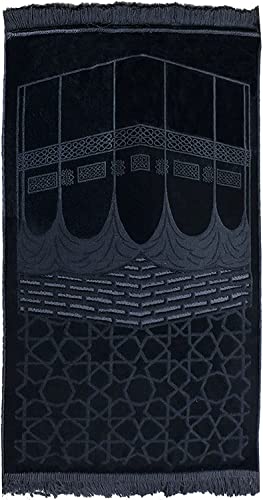 Modefa Islamic Prayer Rug - Soft Beautiful Turkish Prayer Mat for Men & Women - Solid Janamaz Sajada Carpet - Ramadan or Eid Gift - with Prayer Beads Tesbih and Kufi Cap- Luxury Velvet (KB Black)