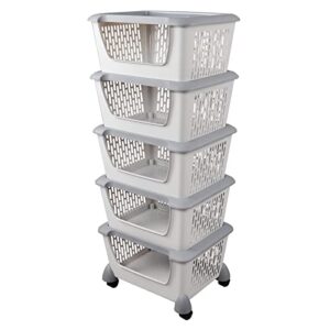 innouse 5 tier large plastic storage stacking basket/bin on wheels, grey