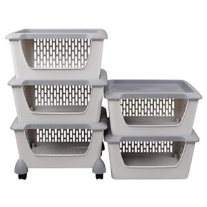 Innouse 5 Tier Large Plastic Storage Stacking Basket/Bin on Wheels, Grey