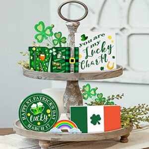 st. patrick’s day tiered tray decor, 5 pcs shamrock wooden signs irish rainbow table signs for farmhouse st. patricks day decorations