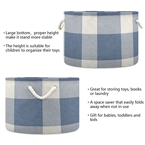 xigua Rustic Blue Plaid Storage Basket, Collapsible Round Toy Storage Bin, 20 x 14 Inches Laundry Basket with Handles, for Bedroom Living Room