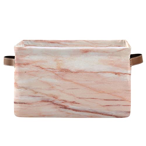 Gougeta Foldable Storage Basket with Handle, Stylish Pink Marble Rectangular Canvas Organizer Bins for Home Office Closet Clothes Toys 2 Pack