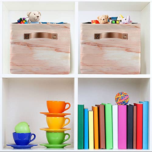 Gougeta Foldable Storage Basket with Handle, Stylish Pink Marble Rectangular Canvas Organizer Bins for Home Office Closet Clothes Toys 2 Pack