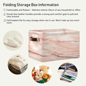 Gougeta Foldable Storage Basket with Handle, Stylish Pink Marble Rectangular Canvas Organizer Bins for Home Office Closet Clothes Toys 2 Pack