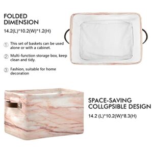 Gougeta Foldable Storage Basket with Handle, Stylish Pink Marble Rectangular Canvas Organizer Bins for Home Office Closet Clothes Toys 2 Pack