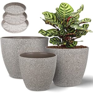 vanavazon plant pots 9/8/7 inch set of 3 flower pots indoor outdoor plastic planters with drainage hole and tray (beige)