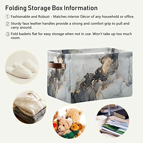 Gougeta Foldable Storage Basket with Handle, Grey Blue Marble Rectangular Canvas Organizer Bins for Home Office Closet Clothes Toys 2 Pack