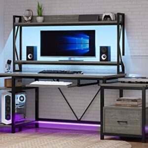 SEDETA Computer Desk, 71" Home Office Desk with Desk Lamp, Office Desk with File Drawer Storage, Keyboard Tray, Monitor Shelf & Hutch, Gaming Desk with Led Lights, Grey