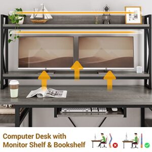 SEDETA Computer Desk, 71" Home Office Desk with Desk Lamp, Office Desk with File Drawer Storage, Keyboard Tray, Monitor Shelf & Hutch, Gaming Desk with Led Lights, Grey