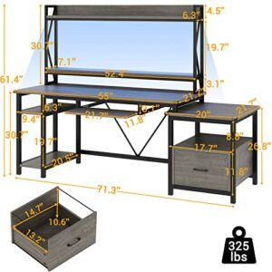 SEDETA Computer Desk, 71" Home Office Desk with Desk Lamp, Office Desk with File Drawer Storage, Keyboard Tray, Monitor Shelf & Hutch, Gaming Desk with Led Lights, Grey