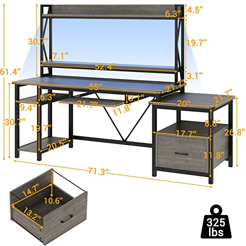 SEDETA Computer Desk, 71" Home Office Desk with Desk Lamp, Office Desk with File Drawer Storage, Keyboard Tray, Monitor Shelf & Hutch, Gaming Desk with Led Lights, Grey