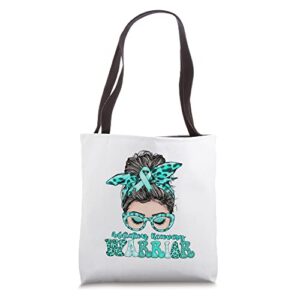 addiction recovery awareness warrior leopard messy hair bun tote bag