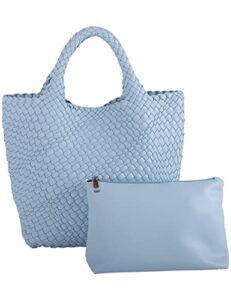 large woven tote handbags women vegan leather shoulder top-handle travel tote bag fashion lady underarm shopper bags + purse blue