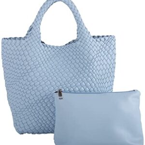 Large Woven Tote Handbags Women Vegan Leather Shoulder Top-Handle Travel Tote Bag Fashion Lady Underarm Shopper Bags + Purse Blue