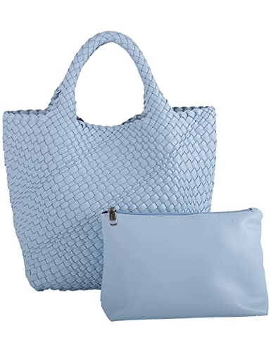 Large Woven Tote Handbags Women Vegan Leather Shoulder Top-Handle Travel Tote Bag Fashion Lady Underarm Shopper Bags + Purse Blue