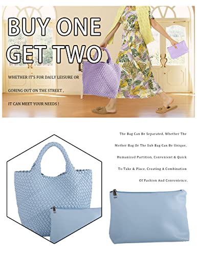 Large Woven Tote Handbags Women Vegan Leather Shoulder Top-Handle Travel Tote Bag Fashion Lady Underarm Shopper Bags + Purse Blue