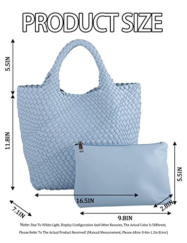 Large Woven Tote Handbags Women Vegan Leather Shoulder Top-Handle Travel Tote Bag Fashion Lady Underarm Shopper Bags + Purse Blue