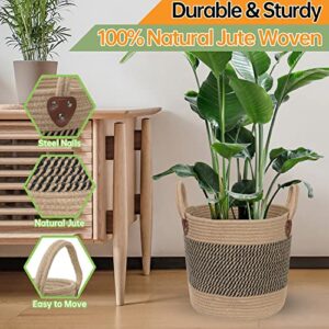 ZOES HOMEWARE 14"x12" Natural Jute Rope Woven Storage Basket with Handles for Plant, Blankets,Toys - Living Room Home Decor,Multifunctional Basket for Organizer,Picnic,Artificial Tree brown