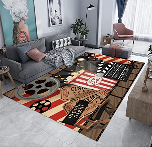 Lgglovelin Full Size Vintage Movie Area Rug,6x8ft, Movie Theater Decor Accessories Home Theater Rug Cinema Sign Washable with Non-Slip Backing Home Decor Gamer Room Decor Living Room Bedroom 72x96in