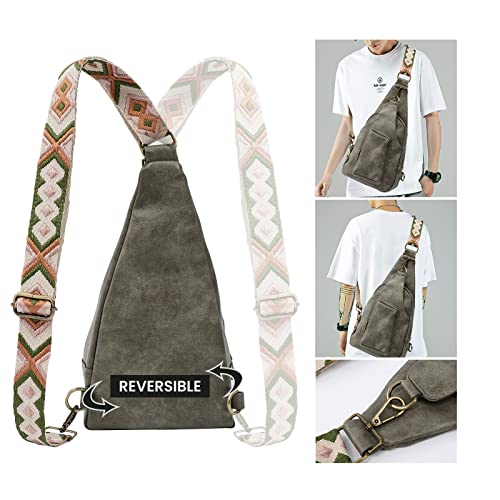 Flovey Sling Bag for Women Small PU Leather Crossbody Fanny Packs with Jacquard Wide Strap Hiking Cycling Travel Daypack