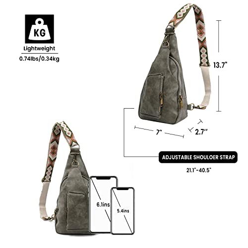 Flovey Sling Bag for Women Small PU Leather Crossbody Fanny Packs with Jacquard Wide Strap Hiking Cycling Travel Daypack