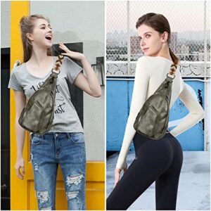 Flovey Sling Bag for Women Small PU Leather Crossbody Fanny Packs with Jacquard Wide Strap Hiking Cycling Travel Daypack