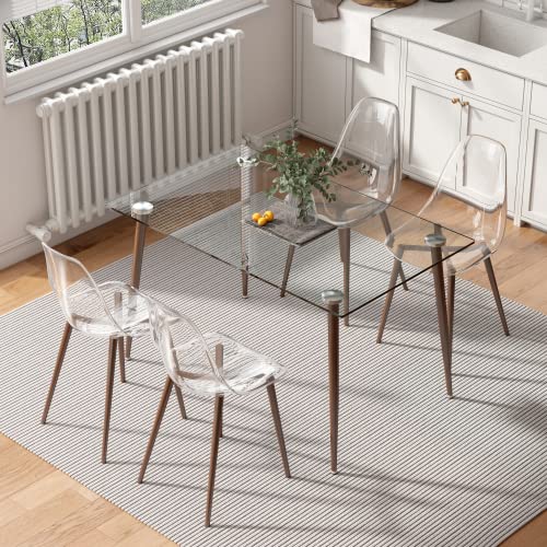 Glass Dining Table Set for 4, 51 inch Dining Table & Chair Sets with Dark Wood Metal Legs for Kitchen, Modern Rectangle Tempered Glass Table Top and Transparent Plastic Dining Chair for Dining Room