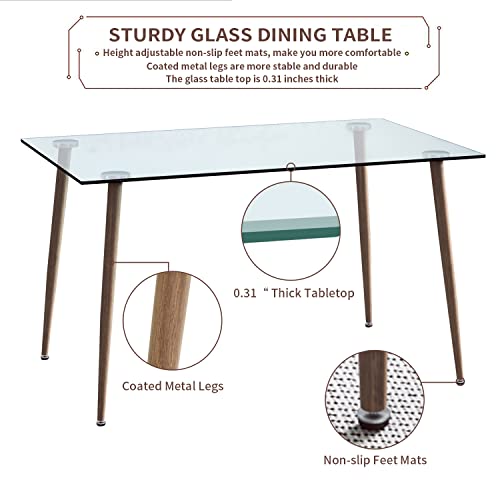 Glass Dining Table Set for 4, 51 inch Dining Table & Chair Sets with Dark Wood Metal Legs for Kitchen, Modern Rectangle Tempered Glass Table Top and Transparent Plastic Dining Chair for Dining Room