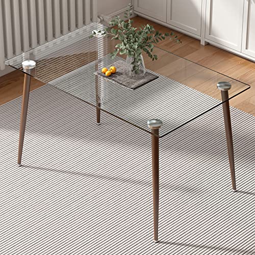 Glass Dining Table Set for 4, 51 inch Dining Table & Chair Sets with Dark Wood Metal Legs for Kitchen, Modern Rectangle Tempered Glass Table Top and Transparent Plastic Dining Chair for Dining Room