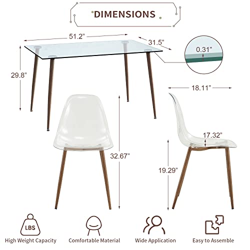 Glass Dining Table Set for 4, 51 inch Dining Table & Chair Sets with Dark Wood Metal Legs for Kitchen, Modern Rectangle Tempered Glass Table Top and Transparent Plastic Dining Chair for Dining Room