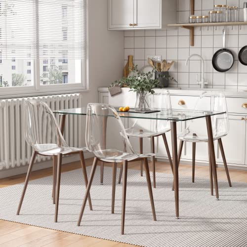 Glass Dining Table Set for 4, 51 inch Dining Table & Chair Sets with Dark Wood Metal Legs for Kitchen, Modern Rectangle Tempered Glass Table Top and Transparent Plastic Dining Chair for Dining Room