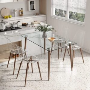 Glass Dining Table Set for 4, 51 inch Dining Table & Chair Sets with Dark Wood Metal Legs for Kitchen, Modern Rectangle Tempered Glass Table Top and Transparent Plastic Dining Chair for Dining Room