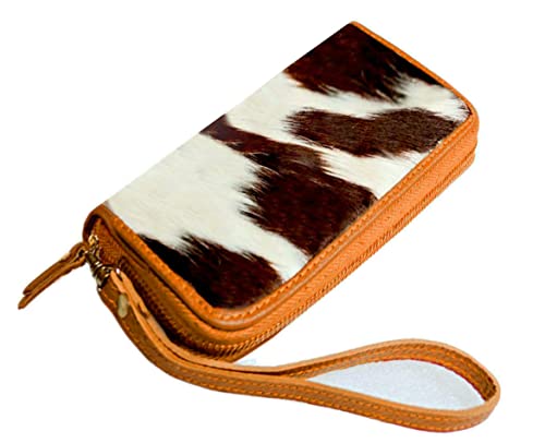 Womens Zipper Wristlet Cowhide Clutch Real Leather Wallet Purse, Handbag Organizer for women Size 8 x 4 Inches by NGF (CL-02 Brown & White (Zipper))