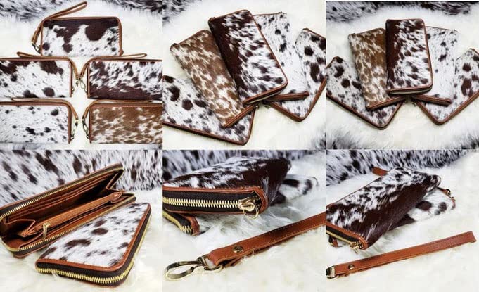 Womens Zipper Wristlet Cowhide Clutch Real Leather Wallet Purse, Handbag Organizer for women Size 8 x 4 Inches by NGF (CL-02 Brown & White (Zipper))