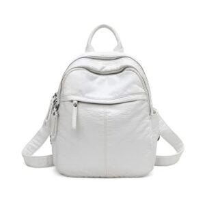 Women's Backpack Pu Soft Leather Backpack Student Schoolbag Solid Color Travel Bag Multi-layer Zipper Backpack (White)