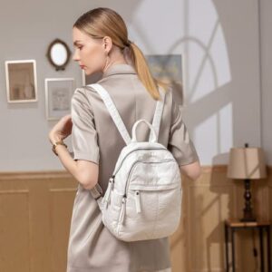 Women's Backpack Pu Soft Leather Backpack Student Schoolbag Solid Color Travel Bag Multi-layer Zipper Backpack (White)