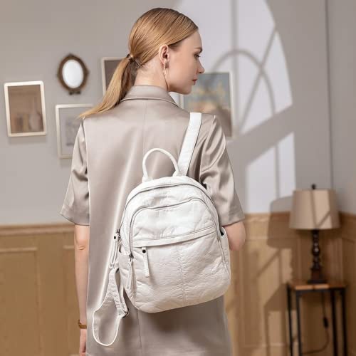 Women's Backpack Pu Soft Leather Backpack Student Schoolbag Solid Color Travel Bag Multi-layer Zipper Backpack (White)