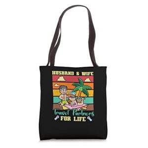 husband and wife travel partners for life beach traveling tote bag