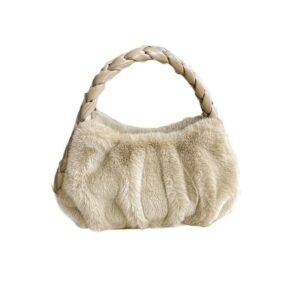 fluffy tote handbag for women, faux fur purse fuzzy top handle handbag furry cute bag plush clutch purse