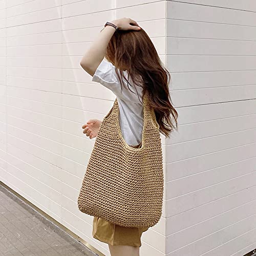 Straw Bag for Women Summer Handmade Beach Bag Soft Woven Tote Bag Large Weaving Shoulder Bag Purse Straw Handbag for Vacation (AK-4)