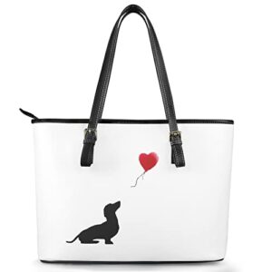 jndtueit dachshund dog women’s fashion handbags, black puppy silhouette tote bag shoulder leather straps chic clutch cags, red love heart balloon white work large shoulder bag