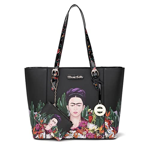 Frida Kahlo Faux Leather Large Tote Style Handbag (Black/Black)